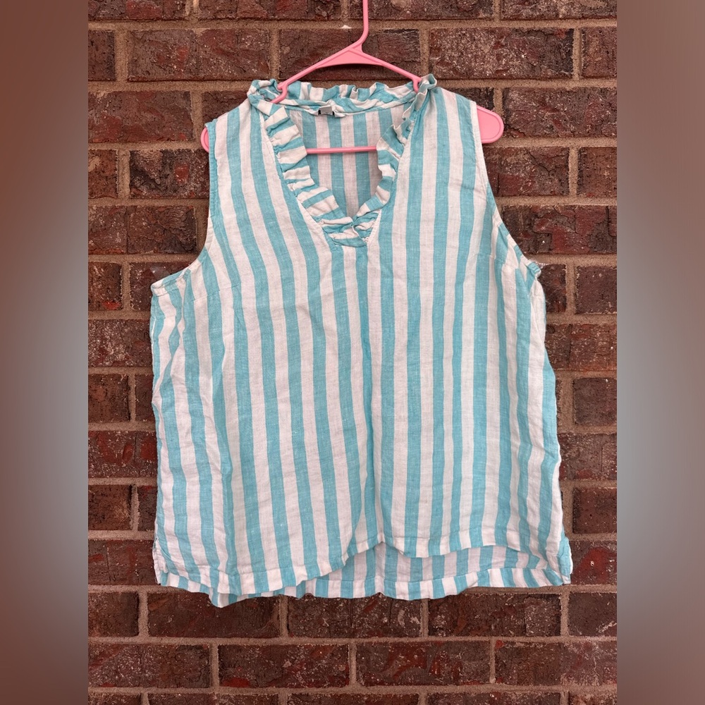 Crown & Ivy 100% Linen Ruffle Neck Striped Sleeveless Top - Size XXL